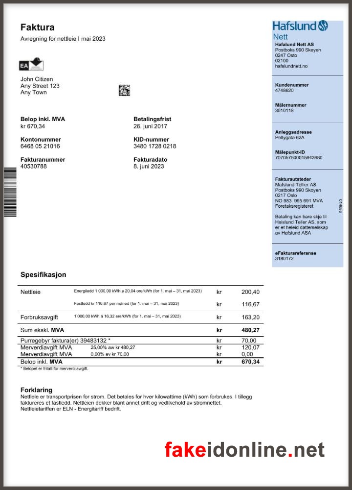 Norway Utility Bill PSD Template - Norway Proof of Address